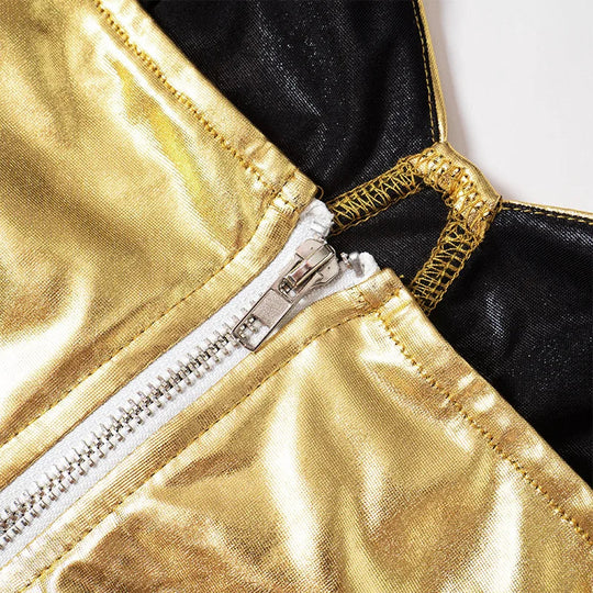 Sexy Frauen Shiny Gold Silber Bustier Crop Tops Helle PU Leder Krone Gürtel Abnehmen Taille Liebsten Low-cut Korsett top Sommer Festival Outfits | Techno Shirts | Rave Clothing