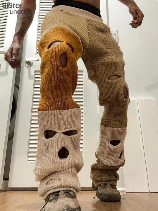 Sister linda gestrickte hipster chic y2k hohle hose frauen zerrissen elastische hohe taille lässige basi hose weibliche hosen streetwear FESTIVAL OUTFITS & STREETWEAR