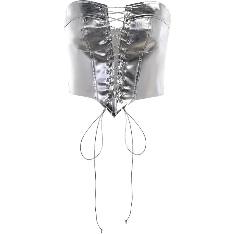 Sexy Frauen Shiny Gold Silber Bustier Crop Tops Helle PU Leder Krone Gürtel Abnehmen Taille Liebsten Low-cut Korsett top Sommer Festival Outfits | Techno Shirts | Rave Clothing
