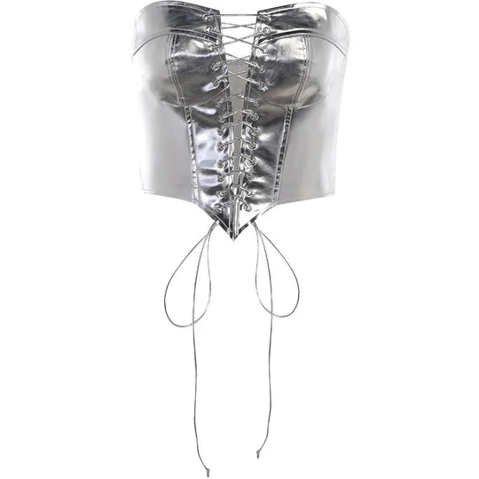 Sexy Frauen Shiny Gold Silber Bustier Crop Tops Helle PU Leder Krone Gürtel Abnehmen Taille Liebsten Low-cut Korsett top Sommer Festival Outfits | Techno Shirts | Rave Clothing