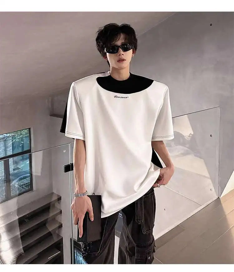 LUZHEN Original Personalisierte Farbe Kontrast Design Kurzarm T-shirts 2025, Sommer Hübsche Schulter Pad Casual Tops JY1473 Festival Outfits | Techno Shirts | Rave Clothing