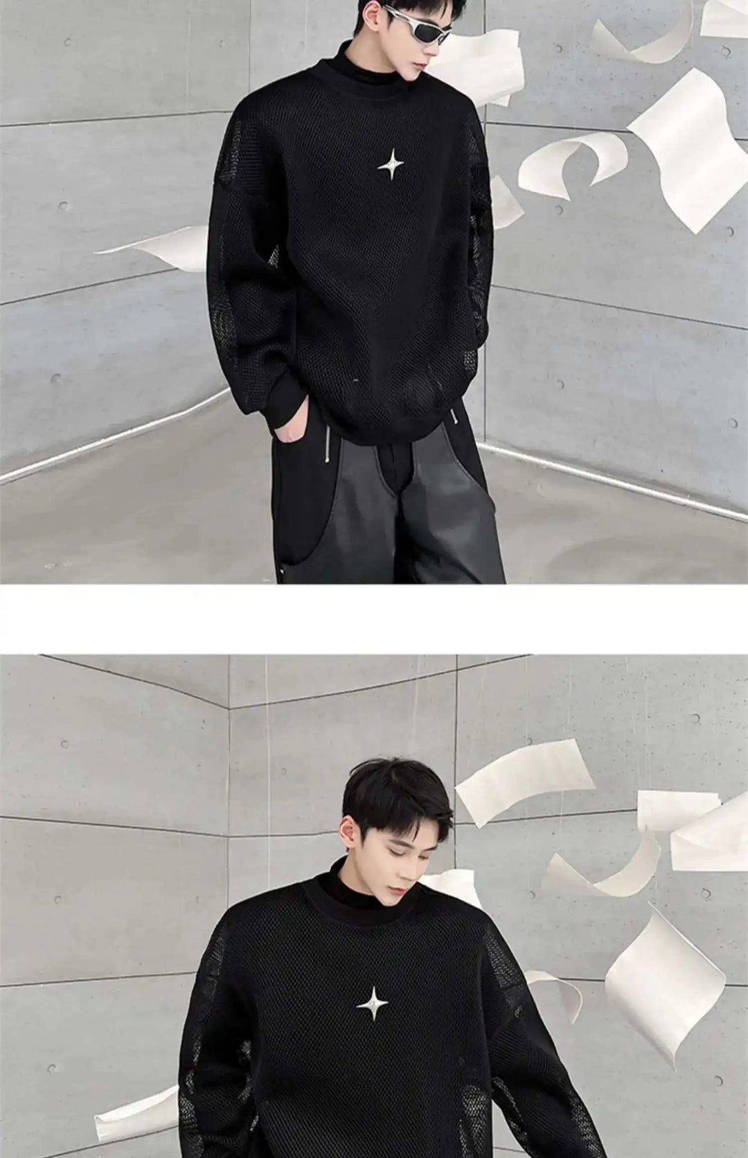 LUZHEN 2025 Frühling High Street Perspektive Original Mesh Design Pullover Herrenmode Metall Schnalle Schmücken Casual Tops LZ3027 Festival Outfits | Techno Shirts | Rave Clothing