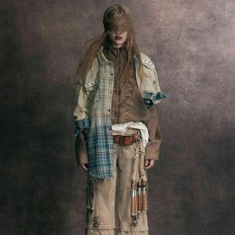 90er Jahre kariertes Festival Langarmhemd | Rave Outfit Herren Festival Outfits | Techno Shirts | Rave Clothing