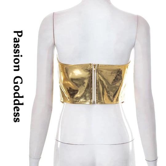 Sexy Frauen Shiny Gold Silber Bustier Crop Tops Helle PU Leder Krone Gürtel Abnehmen Taille Liebsten Low-cut Korsett top Sommer Festival Outfits | Techno Shirts | Rave Clothing