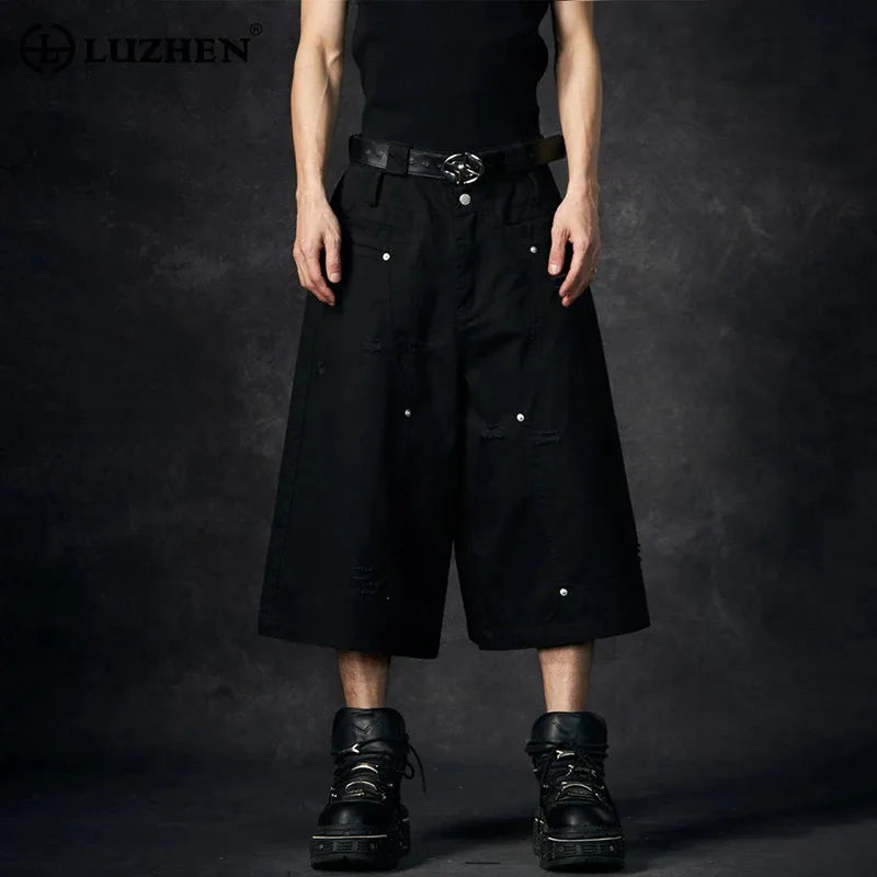 LUZHEN Streifen Patchwork Einfarbig Geerntete Hosen Männer 2025, Neue Lose Gerade Straße Casual Shorts Hosen Männliche Kleidung JY1609 Festival Outfits | Techno Shirts | Rave Clothing