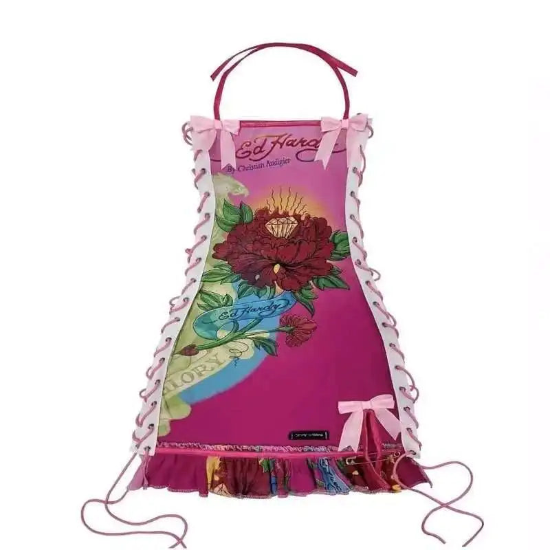 Totenkopf bedruckte Gothic-Minikleider für Damen, Schnürung, Neckholder, sexy Kleider, Slash-Ausschnitt, Y2k-Partykleider, A-Linie, figurbetontes Kleid für Damen Festival Outfits | Techno Shirts | Rave Clothing