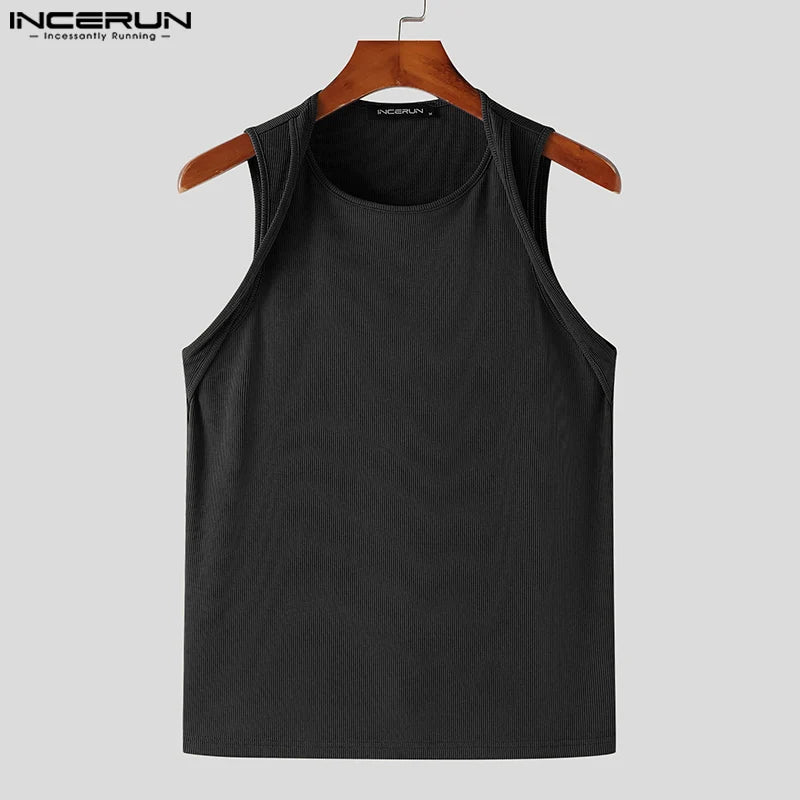 Incerun Tops 2024 koreanischen Stil Männer Schulter gurt Design sexy elastische Westen lässig gut sitzende solide ärmellose Weste S-5XL Festival Outfits | Techno Shirts | Rave Clothing