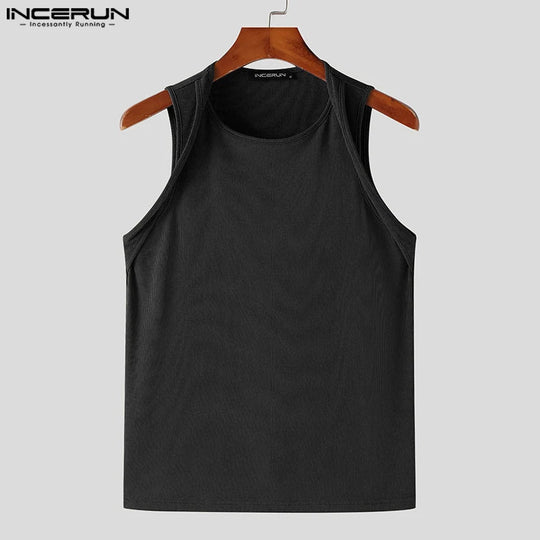 Incerun Tops 2024 koreanischen Stil Männer Schulter gurt Design sexy elastische Westen lässig gut sitzende solide ärmellose Weste S-5XL Festival Outfits | Techno Shirts | Rave Clothing