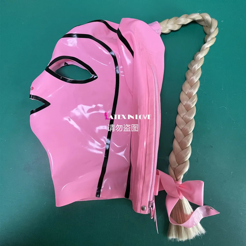 Pink Latex Fetish Hood Mask with Braided Hair Blond Ponytail Festival Outfits | Techno Shirts | Rave Clothing