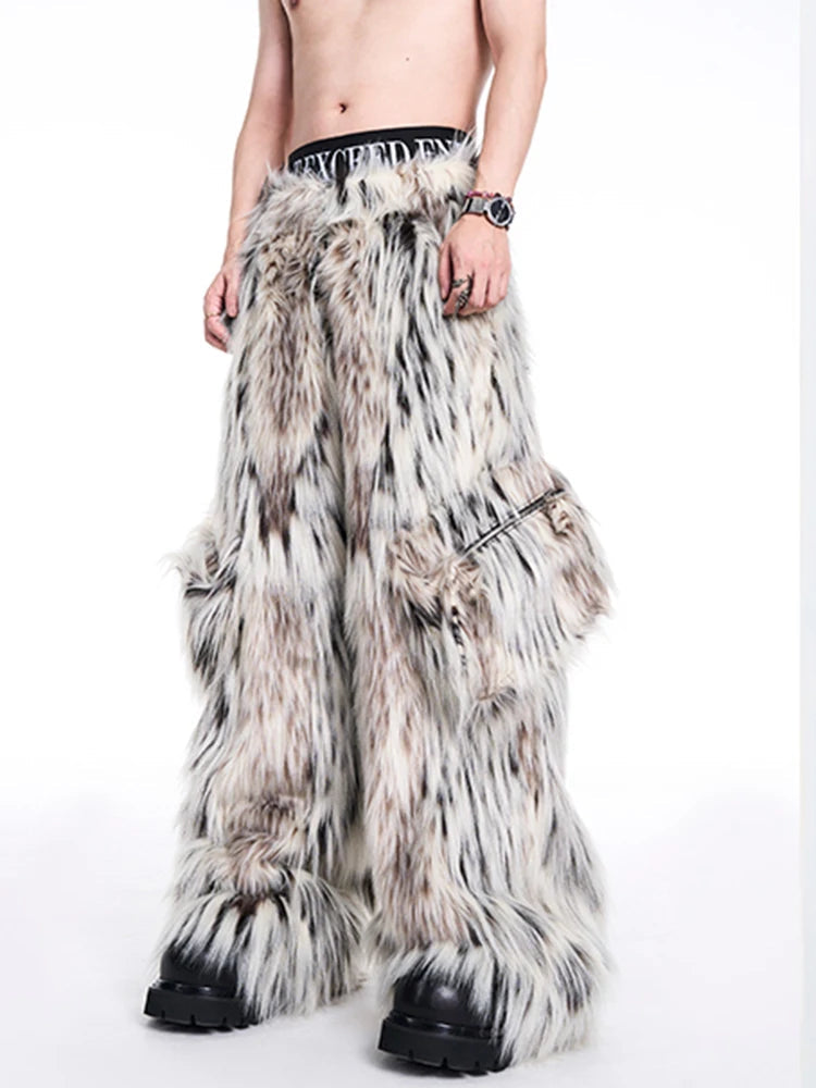 Mauroicardi Herbst Winter Lange Bunte Dicke Warme Haarige Flauschigen Faux Pelz Breite Bein Hosen Männer Taschen Runway Fashion Streetwear Festival Outfits | Techno Shirts | Rave Clothing