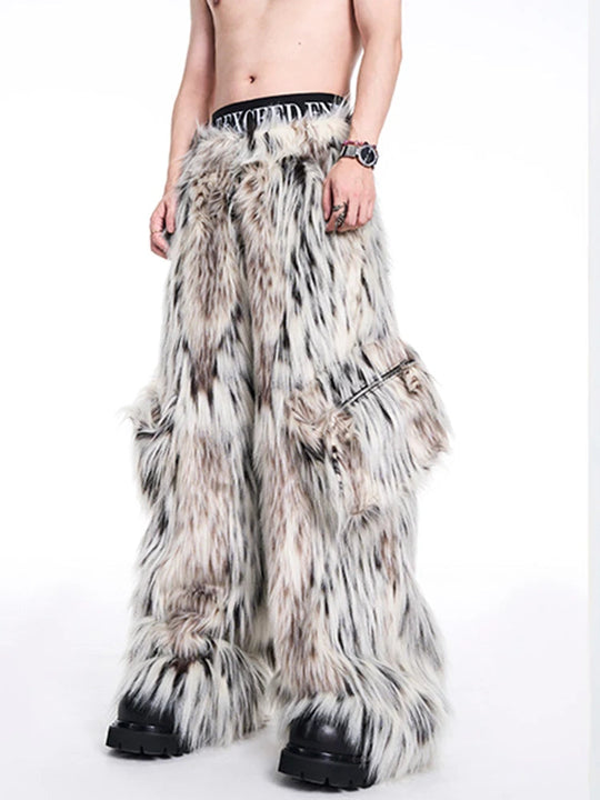 Mauroicardi Herbst Winter Lange Bunte Dicke Warme Haarige Flauschigen Faux Pelz Breite Bein Hosen Männer Taschen Runway Fashion Streetwear Festival Outfits | Techno Shirts | Rave Clothing