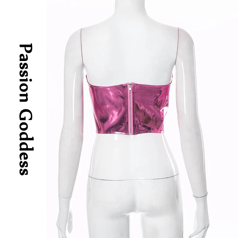 Sexy Frauen Shiny Gold Silber Bustier Crop Tops Helle PU Leder Krone Gürtel Abnehmen Taille Liebsten Low-cut Korsett top Sommer Festival Outfits | Techno Shirts | Rave Clothing