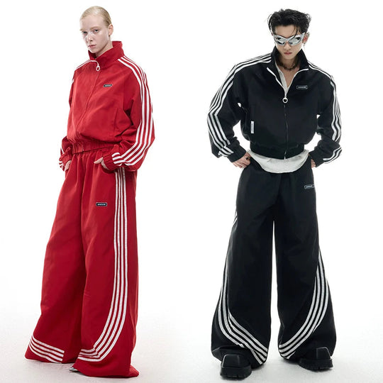 LUZHEN 2025 Neue Streifen Gedruckt Baggy Breite Bein Straße Sport Hosen Männer Stilvolle Frauen Paare Stehen Neck Casual jacke JY1403 Festival Outfits | Techno Shirts | Rave Clothing