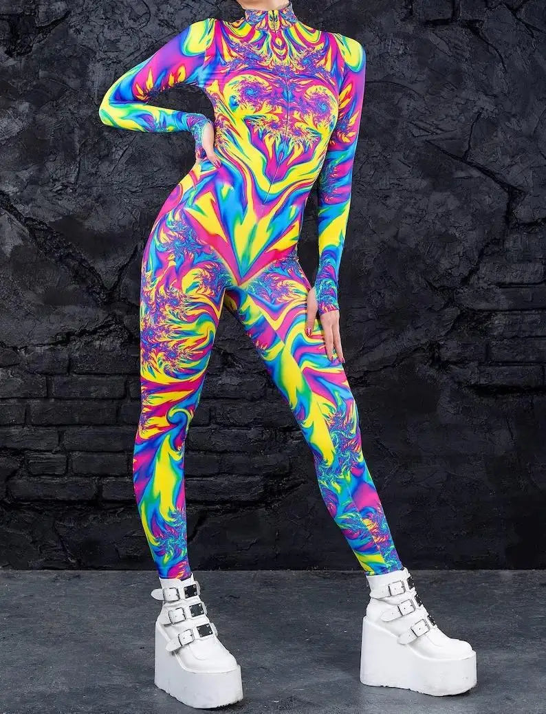 Colorful 3D Printing Women Holiday Party Cyber Punk Rainbow Jumpsuit Onesie Halloween Cosplay Costume Elastic Bodysuit Romper Festival Outfits | Techno Shirts | Rave Clothing