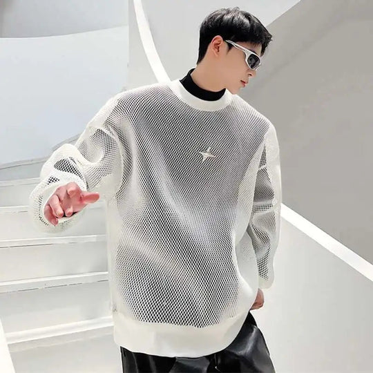 LUZHEN 2025 Frühling High Street Perspektive Original Mesh Design Pullover Herrenmode Metall Schnalle Schmücken Casual Tops LZ3027 Festival Outfits | Techno Shirts | Rave Clothing