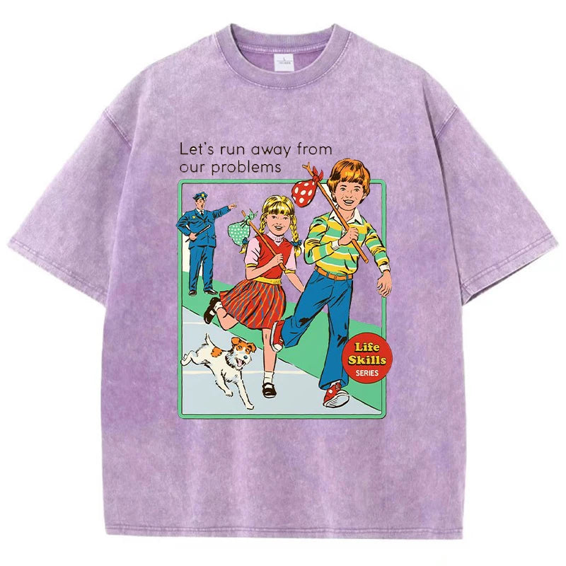 Let' Run Away From Our Problems Print Damen Distress T-Shirts Sommermode gewaschenes T-Shirt atmungsaktive T-Shirts weiche Kleidung Festival Outfits | Techno Shirts | Rave Clothing