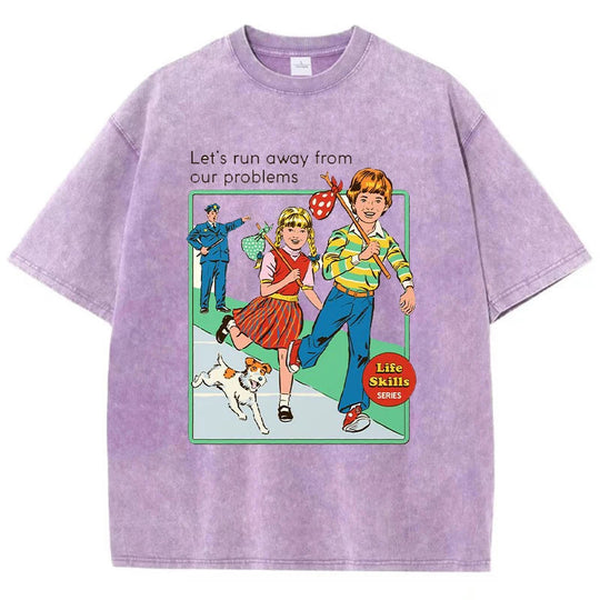 Let' Run Away From Our Problems Print Damen Distress T-Shirts Sommermode gewaschenes T-Shirt atmungsaktive T-Shirts weiche Kleidung Festival Outfits | Techno Shirts | Rave Clothing