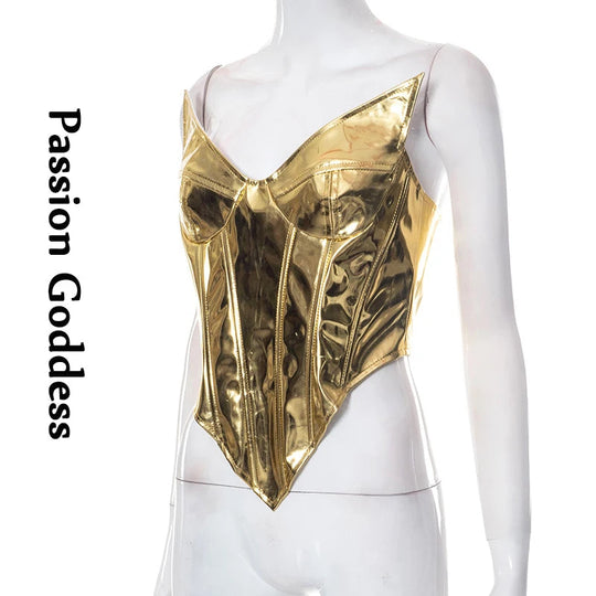 Sexy Frauen Shiny Gold Silber Bustier Crop Tops Helle PU Leder Krone Gürtel Abnehmen Taille Liebsten Low-cut Korsett top Sommer Festival Outfits | Techno Shirts | Rave Clothing
