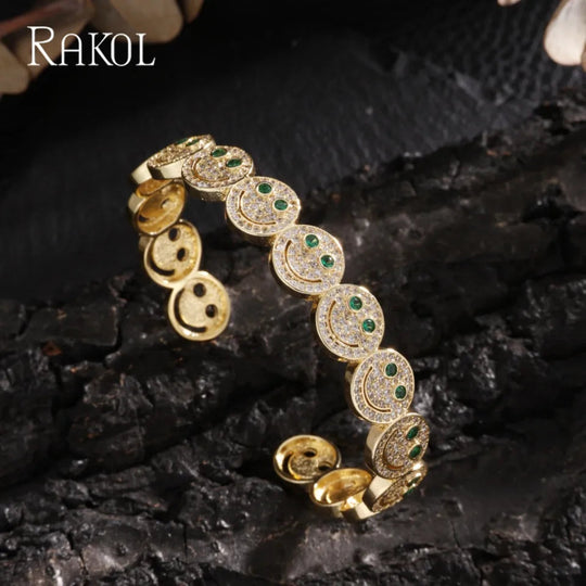 RAKOL Stilvolle Runde Lächeln Smiley Manschette Armreif Kupfer Vergoldet Zirkonia Charme Party Schmuck Für Frauen Männer Geschenke Festival Outfits | Techno Shirts | Rave Clothing