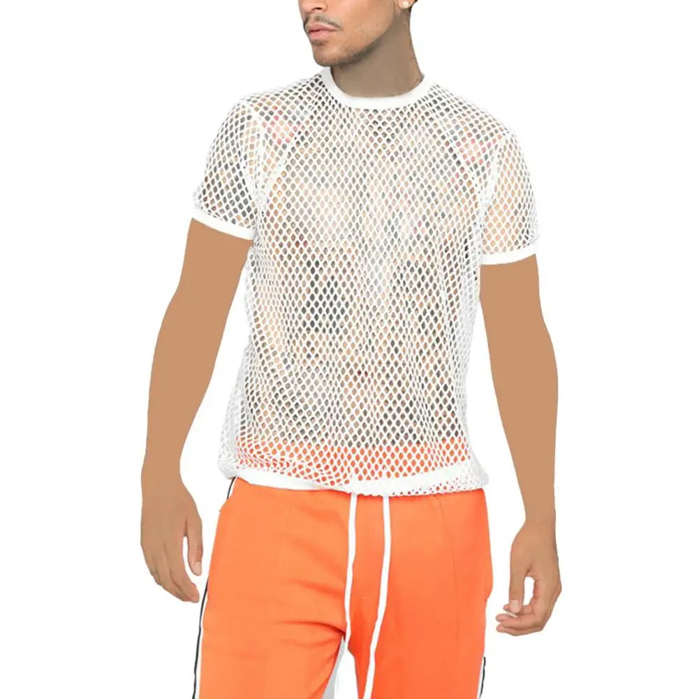 Men Top Clubwear Hollow Out Color Fishnet Block Round Neck Short Sleeves See-through Streetwear Loose Breathable Men Party T-shi Festival Outfits | Techno Shirts | Rave Clothing
