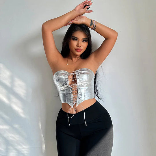 Sexy Frauen Shiny Gold Silber Bustier Crop Tops Helle PU Leder Krone Gürtel Abnehmen Taille Liebsten Low-cut Korsett top Sommer Festival Outfits | Techno Shirts | Rave Clothing