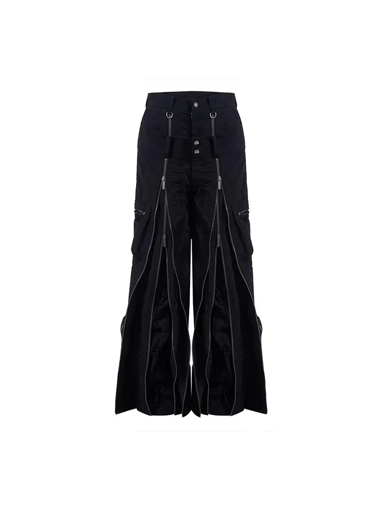 Mauroicardi Frühling Herbst Coole schwarze Baggy-Techwear-Hose mit weitem Bein für Herren mit vielen Reißverschlüssen Luxus-Designer-Kleidung Streetwear Festival Outfits | Techno Shirts | Rave Clothing