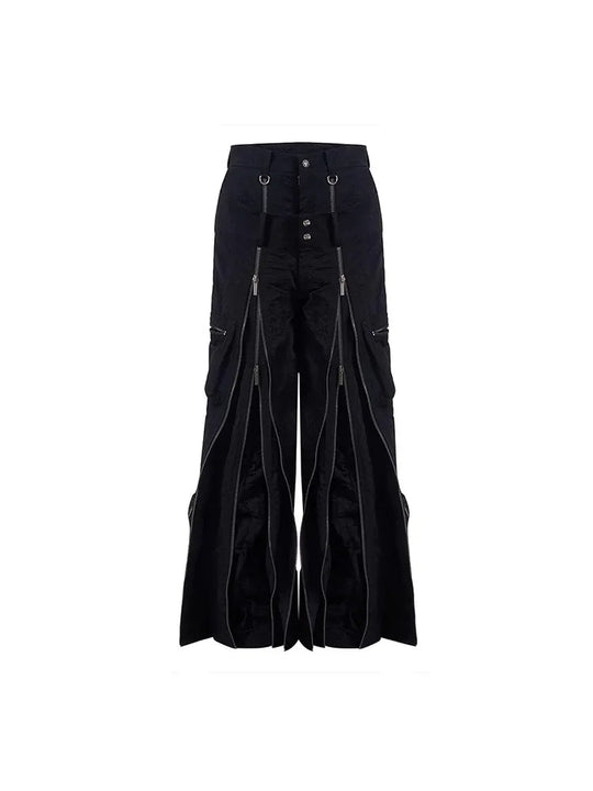 Mauroicardi Frühling Herbst Coole schwarze Baggy-Techwear-Hose mit weitem Bein für Herren mit vielen Reißverschlüssen Luxus-Designer-Kleidung Streetwear Festival Outfits | Techno Shirts | Rave Clothing