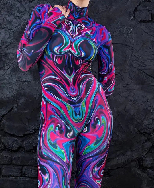 Colorful 3D Printing Women Holiday Party Cyber Punk Rainbow Jumpsuit Onesie Halloween Cosplay Costume Elastic Bodysuit Romper Festival Outfits | Techno Shirts | Rave Clothing