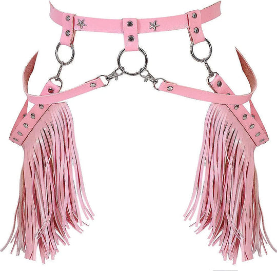 Women Sexy Harness Belt Denim printed white Tassels Short Leather Skirt Pu Leather Punk Gothic Cowboy Girl Wild Holiday Attire Festival Outfits | Techno Shirts | Rave Clothing