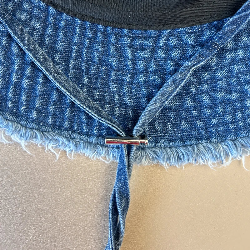 Neue braune Leopardenmuster Designer Cowboy Eimer Hüte mit Schnur Frauen Denim Strand Sonnenhut Outdoor Panama Sommer Fischer Kappe Festival Outfits | Techno Shirts | Rave Clothing