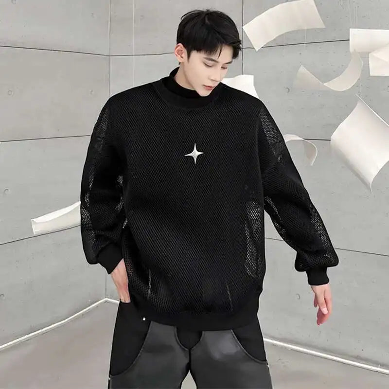 LUZHEN 2025 Frühling High Street Perspektive Original Mesh Design Pullover Herrenmode Metall Schnalle Schmücken Casual Tops LZ3027 Festival Outfits | Techno Shirts | Rave Clothing
