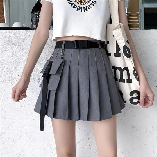 Zoki Harajuku Gürtel Plissee Cargo Rock Frauen Mode Gothic Hohe Taille Tasche Mini Röcke Mode Sommer Dame EINE Linie Schwarz Rock Festival Outfits | Techno Shirts | Rave Clothing