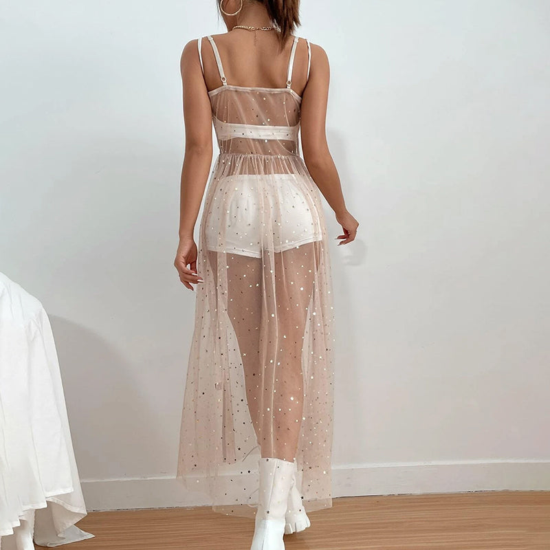 Frauen Glänzende Pailletten Cover Up Kleid Casual Ärmelloses Rückenfreies Sheer Mesh Lose Split Kleid Sommer Urlaub  Strandkittel Festival Outfits | Techno Shirts | Rave Clothing