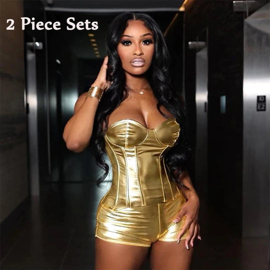 Sexy Frauen Shiny Gold Silber Bustier Crop Tops Helle PU Leder Krone Gürtel Abnehmen Taille Liebsten Low-cut Korsett top Sommer Festival Outfits | Techno Shirts | Rave Clothing