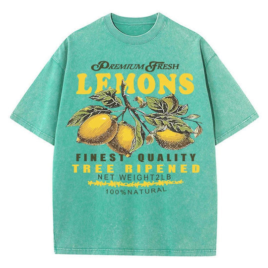 Premium Fresh Lemons Fruit Print Damen Washed T-Shirts Y2K Bequemes, kurzärmliges, lockeres All-Match-T-Shirt aus Baumwolle Hip-Hop-Top Festival Outfits | Techno Shirts | Rave Clothing