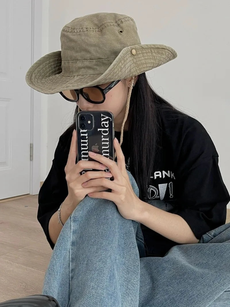 2025 Blaue Cowboy-Wander-Eimerhüte mit Schnur, Herren-Denim-Strand-Sonnenhut für Damen, Outdoor, Paar, Bob, Panama, Sommer-Fischerkappe Festival Outfits | Techno Shirts | Rave Clothing