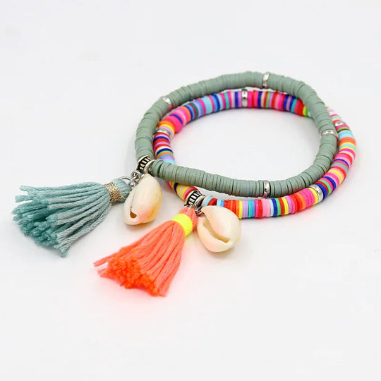 Handgemachte Schmuck Boho Armbänder für Frauen Mode Bunte Polymer Clay Perlen Shell Quaste Armband Geschenke für Weibliche Mädchen Festival Outfits | Techno Shirts | Rave Clothing