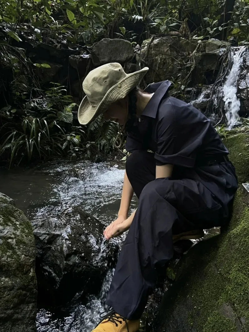 2025 Blaue Cowboy-Wander-Eimerhüte mit Schnur, Herren-Denim-Strand-Sonnenhut für Damen, Outdoor, Paar, Bob, Panama, Sommer-Fischerkappe Festival Outfits | Techno Shirts | Rave Clothing