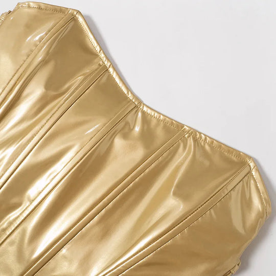 Sexy Frauen Shiny Gold Silber Bustier Crop Tops Helle PU Leder Krone Gürtel Abnehmen Taille Liebsten Low-cut Korsett top Sommer Festival Outfits | Techno Shirts | Rave Clothing