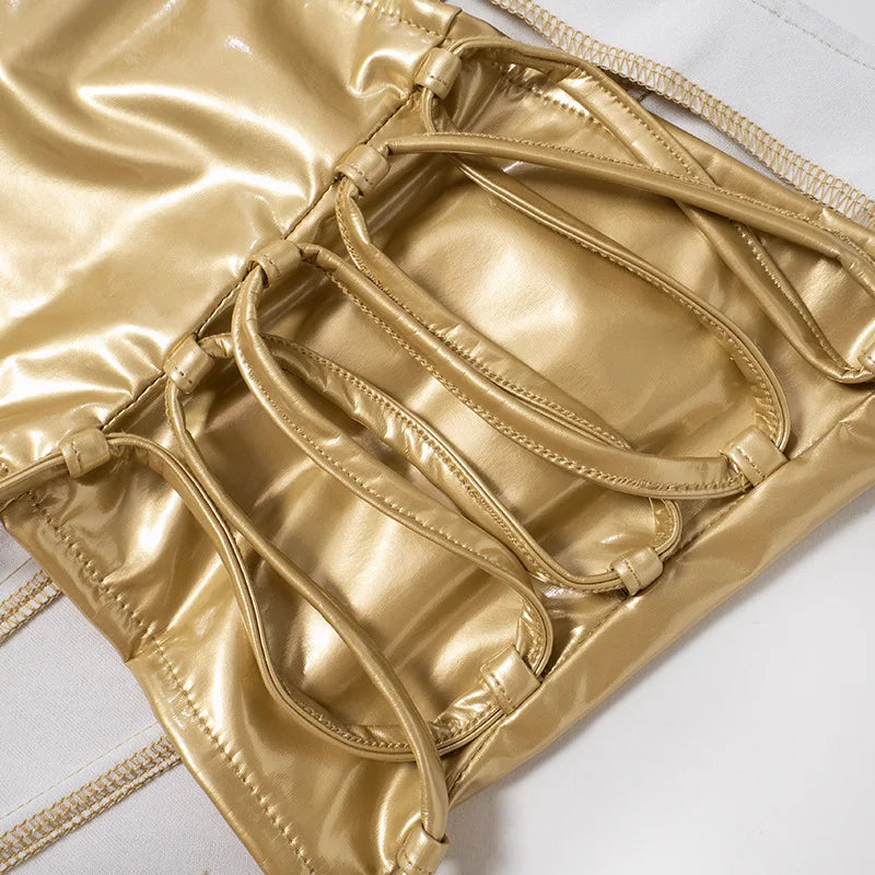 Sexy Frauen Shiny Gold Silber Bustier Crop Tops Helle PU Leder Krone Gürtel Abnehmen Taille Liebsten Low-cut Korsett top Sommer Festival Outfits | Techno Shirts | Rave Clothing