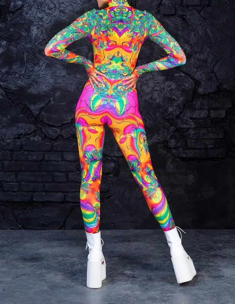 Colorful 3D Printing Women Holiday Party Cyber Punk Rainbow Jumpsuit Onesie Halloween Cosplay Costume Elastic Bodysuit Romper Festival Outfits | Techno Shirts | Rave Clothing