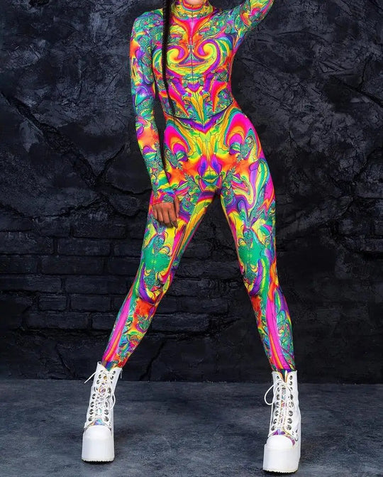 Colorful 3D Printing Women Holiday Party Cyber Punk Rainbow Jumpsuit Onesie Halloween Cosplay Costume Elastic Bodysuit Romper Festival Outfits | Techno Shirts | Rave Clothing