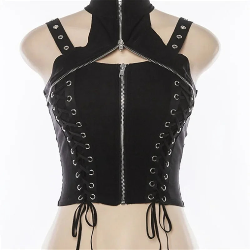 Y2k dunkle Punk Gothic Korsett Weste Frauen hohe Taille Bandage Ernte Tanktops Streetwear Emo Alt Harajuku Halfter Rave Outfits Festival Outfits | Techno Shirts | Rave Clothing