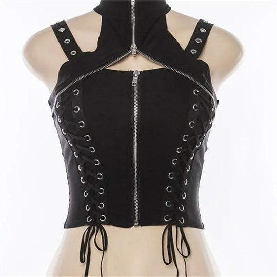 Y2k dunkle Punk Gothic Korsett Weste Frauen hohe Taille Bandage Ernte Tanktops Streetwear Emo Alt Harajuku Halfter Rave Outfits Festival Outfits | Techno Shirts | Rave Clothing