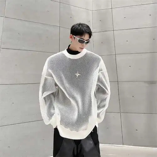 LUZHEN 2025 Frühling High Street Perspektive Original Mesh Design Pullover Herrenmode Metall Schnalle Schmücken Casual Tops LZ3027 Festival Outfits | Techno Shirts | Rave Clothing