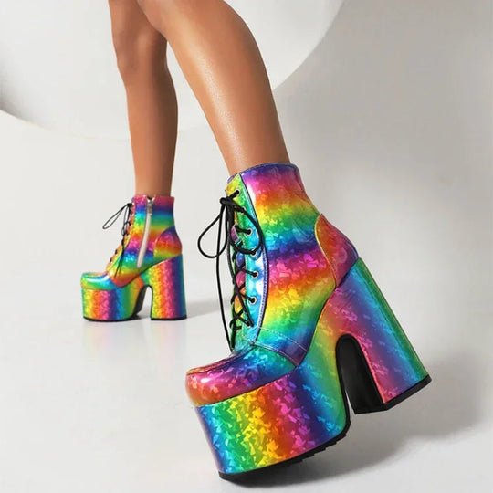 Frauen Regenbogen Stiefel bunte Farbverlauf Schnür plattform Gothic Halloween Fledermaus Schuhe High Heels Winter warme Knöchel Motorrad Stiefel Festival Outfits | Techno Shirts | Rave Clothing