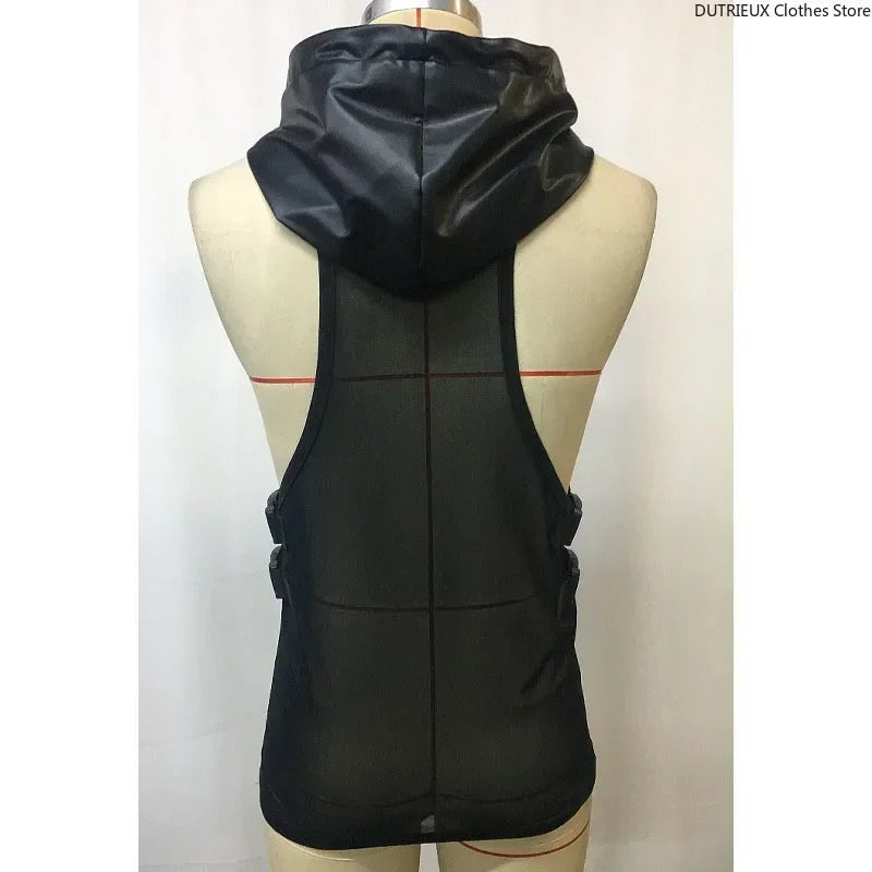 Men's Leather Stitching Net Shirt Motorcycle Leather Vest Top Sexy See-through Hooded Vest Muscular Men Fitness Vest Tank Top Me Festival Outfits | Techno Shirts | Rave Clothing