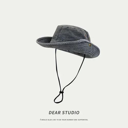 2025 Blaue Cowboy-Wander-Eimerhüte mit Schnur, Herren-Denim-Strand-Sonnenhut für Damen, Outdoor, Paar, Bob, Panama, Sommer-Fischerkappe Festival Outfits | Techno Shirts | Rave Clothing