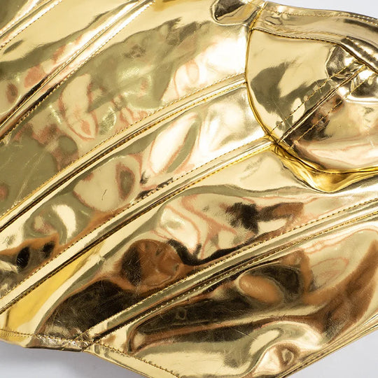 Sexy Frauen Shiny Gold Silber Bustier Crop Tops Helle PU Leder Krone Gürtel Abnehmen Taille Liebsten Low-cut Korsett top Sommer Festival Outfits | Techno Shirts | Rave Clothing