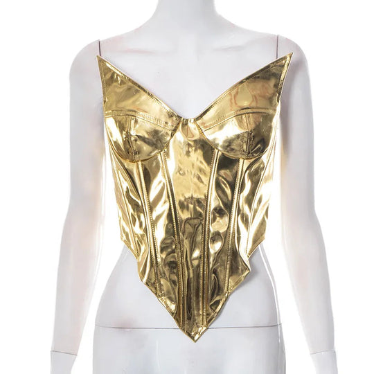 Sexy Frauen Shiny Gold Silber Bustier Crop Tops Helle PU Leder Krone Gürtel Abnehmen Taille Liebsten Low-cut Korsett top Sommer Festival Outfits | Techno Shirts | Rave Clothing